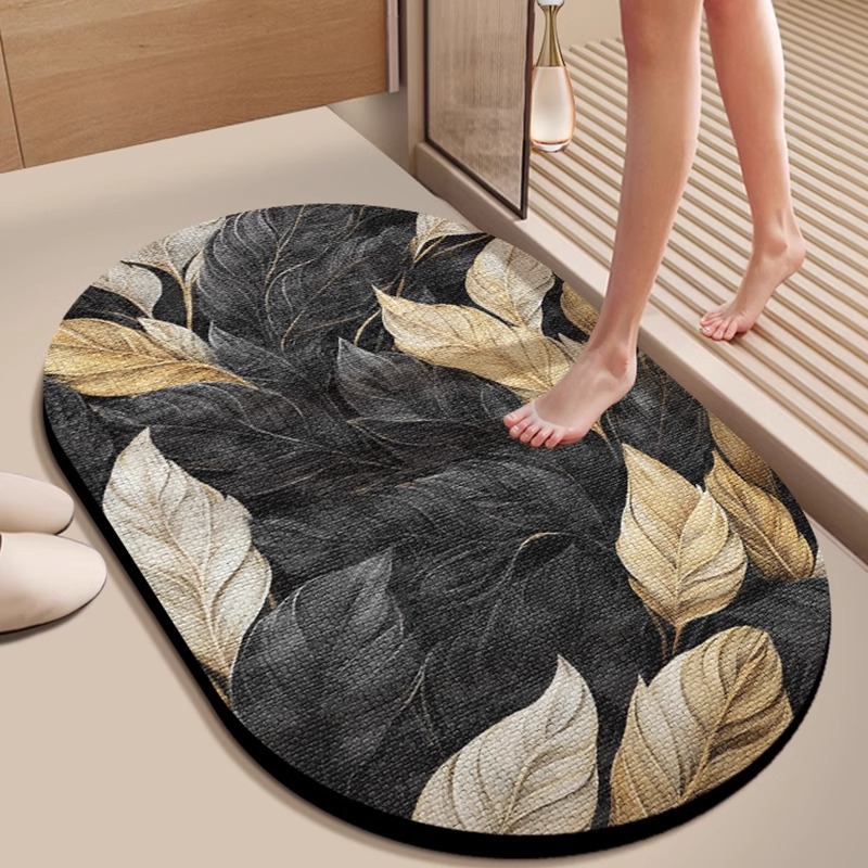 Diatomeenerde-bodenmatte – Unregelmäßige Ovale Form, Diskretes Luxusdesign, Schnelle Wasseraufnahme, Rutschfest, Schmutz- Und Verschleißfest, 3d-muster Mit Goldenen Blättern Für Das Badezimmer (40 X 6