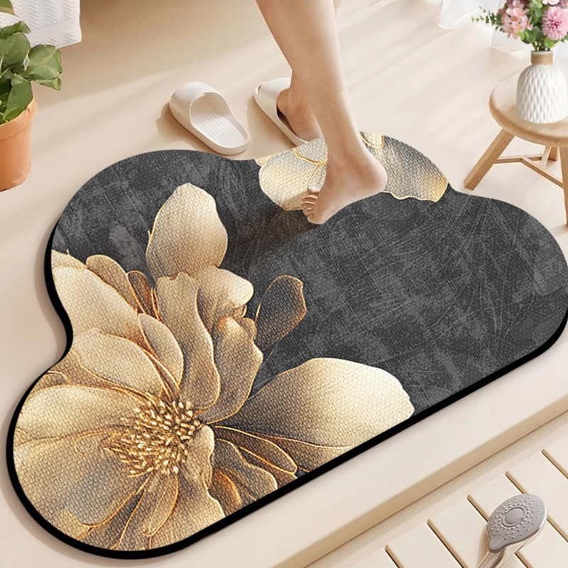 Luxuriöser Badevorleger Aus Kieselgur – Organische Form, Schnelle Absorption, Rutschfest, Flecken- Und Verschleißfest, Elegantes 3d-design Mit Goldenem Blumenmuster (60 X 90 Cm)-lsw