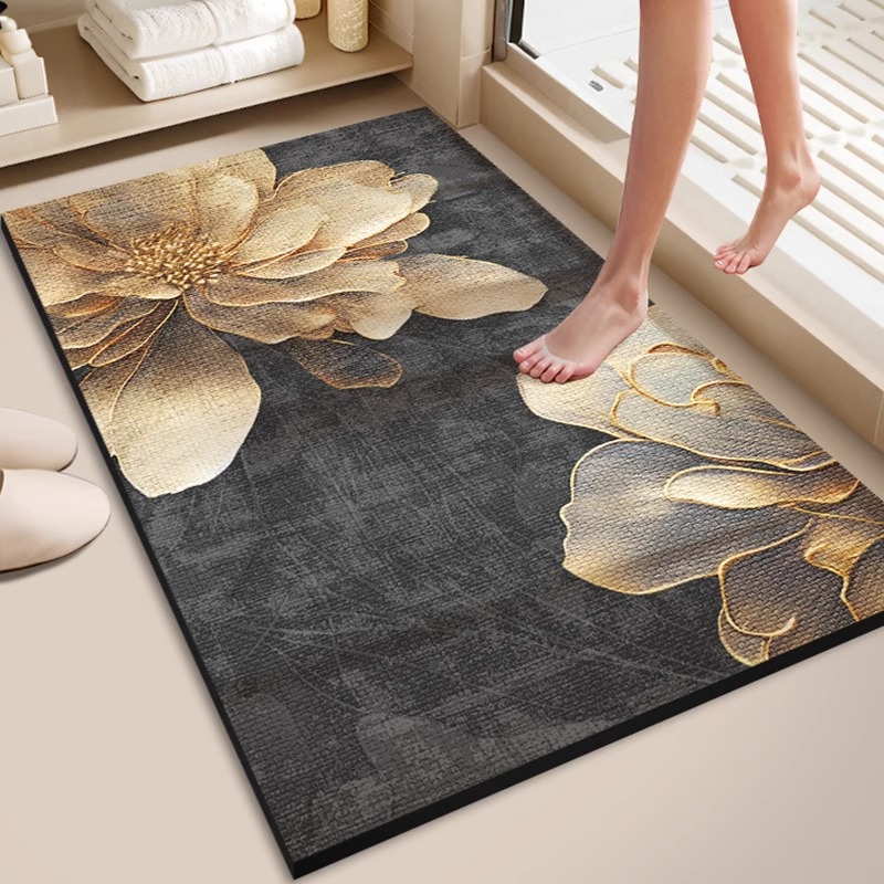 Luxuriöser Badteppich Aus Kieselgur – Unregelmäßige Form, Schnelle Wasseraufnahme, Rutschfest Und Schmutz- Sowie Verschleißfest – 3d-reliefiertes Goldenes Blumenmuster (40 X 60 Cm)-lsw
