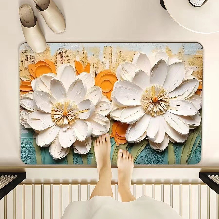 Rutschfester Diatomeen-badteppich – Saugfähig, Schmutz- Und Verschleißfest – Weißes Chrysanthemen-muster Auf Künstlerischem Hintergrund (60 X 90 Cm) – Ideal Für Badezimmereingang Oder Toilette-lsw