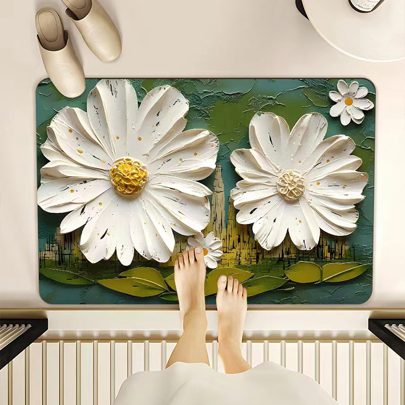 Diatomeen-erde-badematte – Saugfähig, Rutschfest Und Schmutz- Sowie Verschleißresistent, Ölgemälde-design „zwei Weiße Blumen“, 60 X 90 Cm, Für Badezimmer- Oder Toiletten-eingangsbereich-lsw