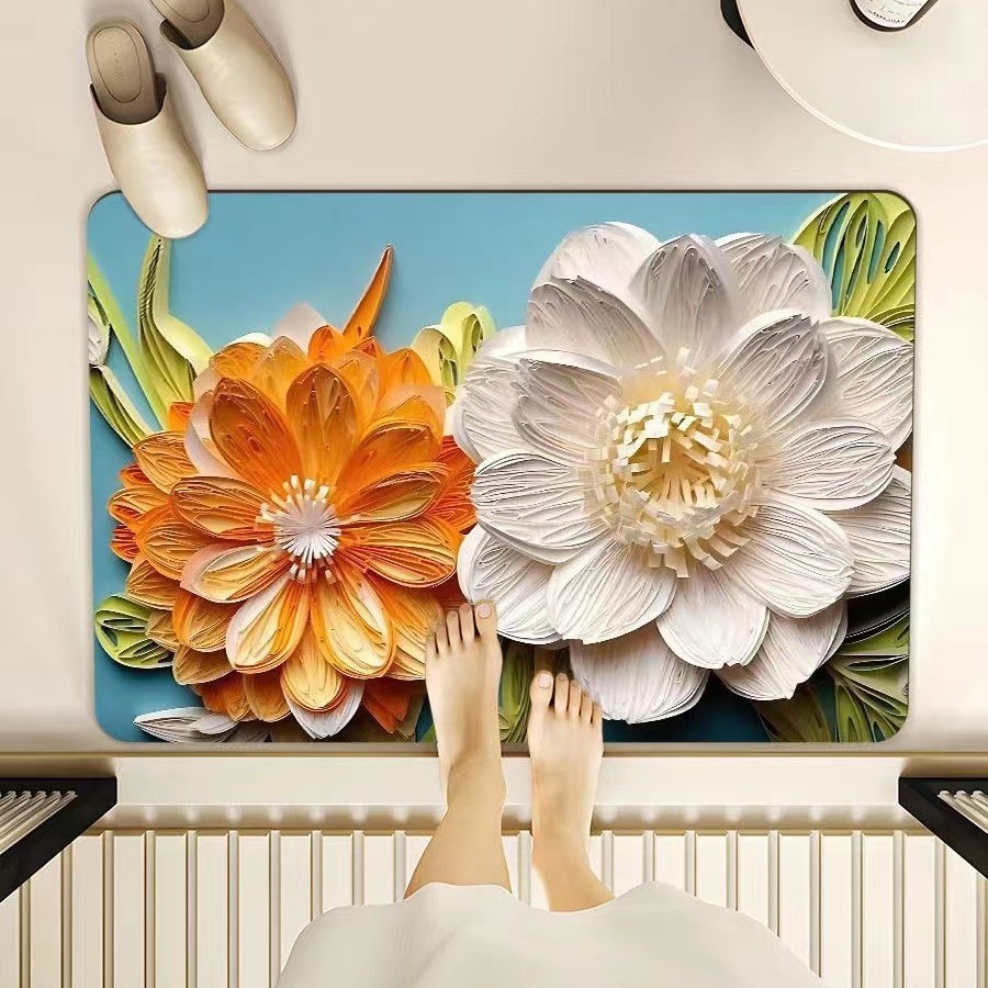 Diatomeen-badematte – Saugfähig, Rutschfest Und Schmutzabweisend, Weißes Chrysanthemen- Und Orchideenmuster, 60 X 90 Cm, Ideal Für Badezimmer, Eingang Oder Toiletten-lsw