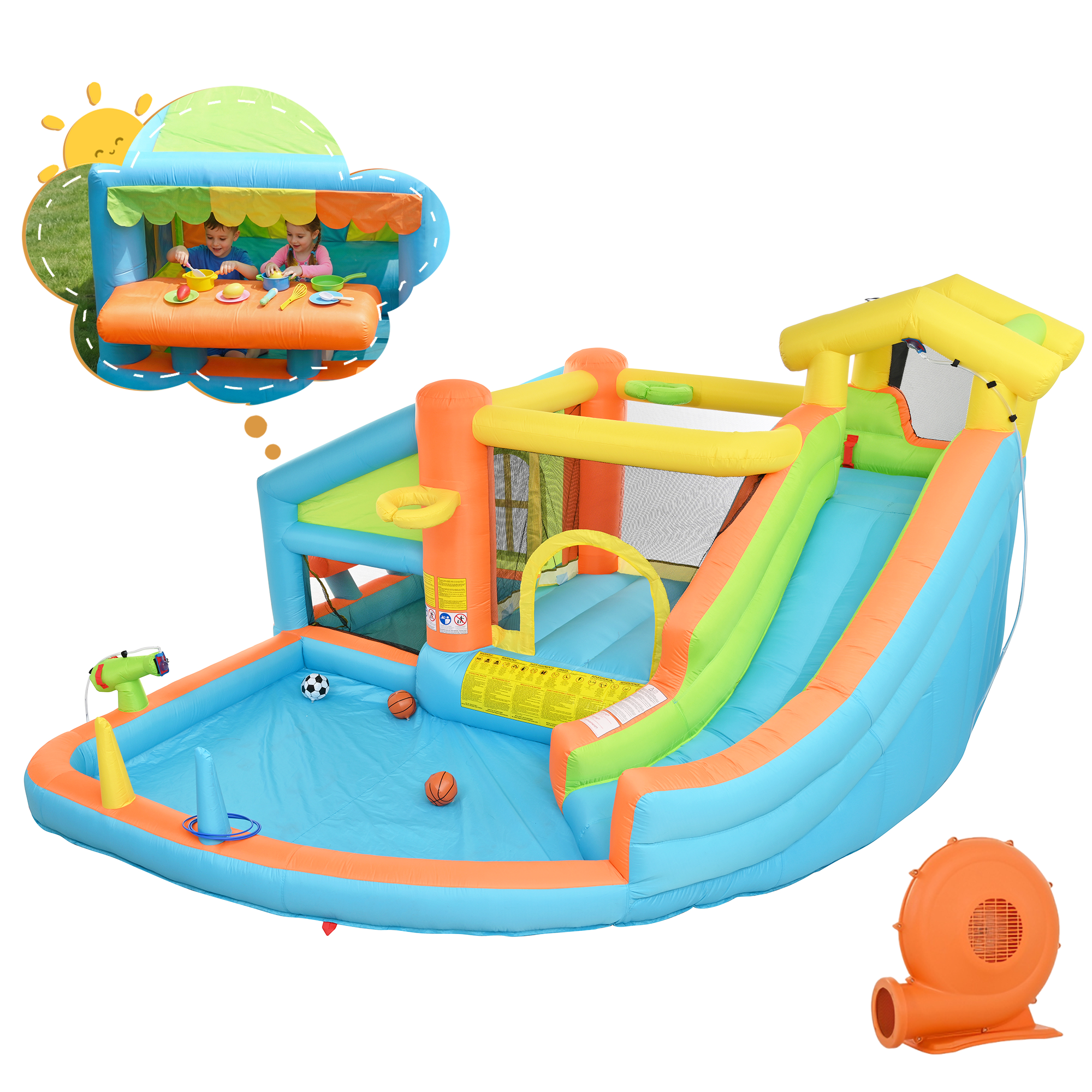 Kinder Hüpfburg,aufblasbarer Wasserpark Für Kinder, Mit Gebläse,rutsche, Basketballkorb, Spielküche, Oxford-gewebe, Outdoor Spielgerät ,outdoor Castle Bouncer,aufblasbare Größe: 360350210cm