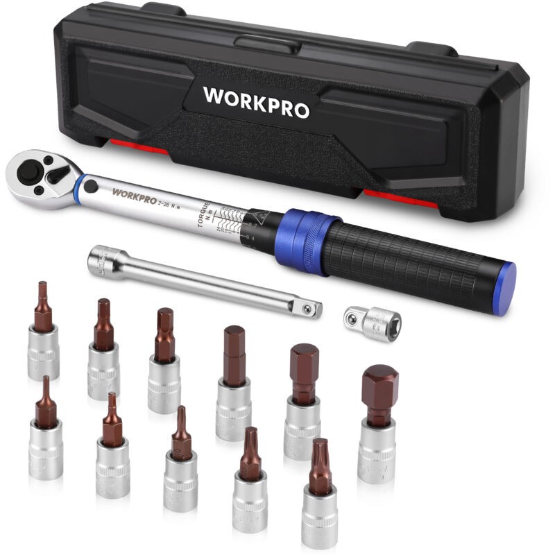 Workpro – 1/4"-drehmomentschlüssel – Drehmomentbereich 2–26 Nm – Genauigkeit ±3 % – 72 Zähne – Umkehrbarer Ratschenkopf – 11 Fahrradstecknüsse