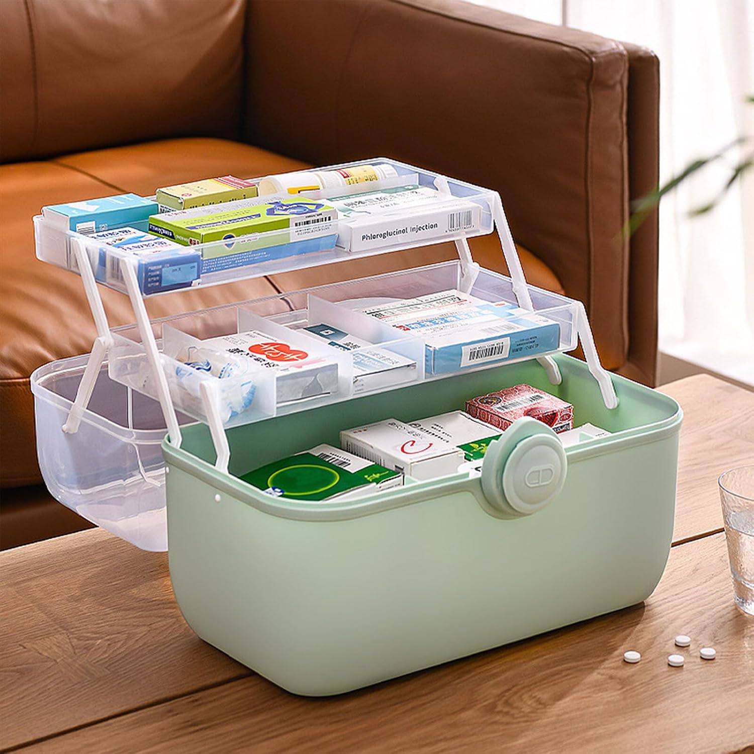 Jeiibrzui Erste-hilfe-set Aus Kunststoff – 3-fächer-organizer – Mit Thermometerfach – Grün – Sicherer Verschluss Für Zuhause Und Auto