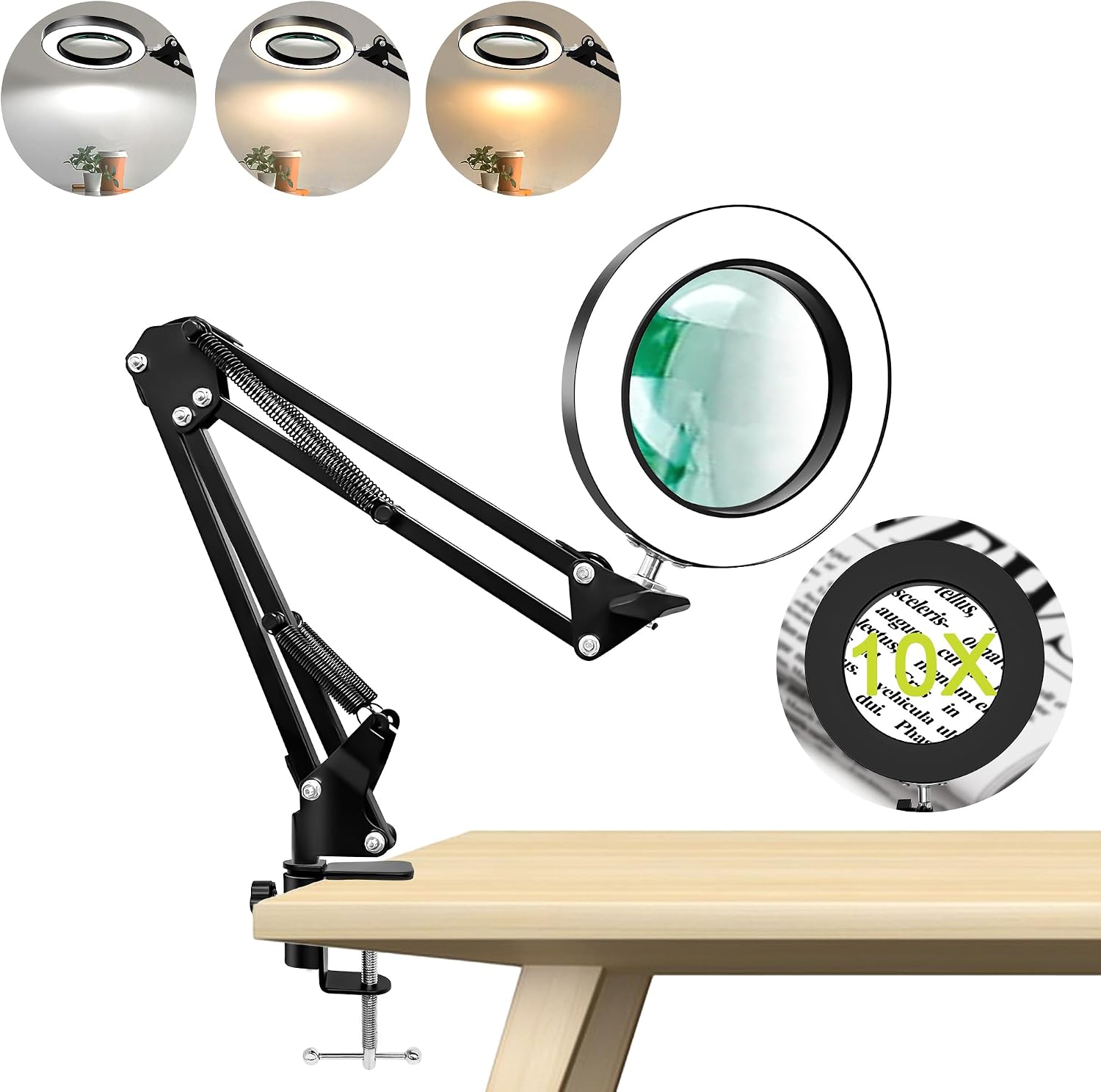 Jeiibrzui Vergrößerungslampe Mit Licht Und Klemme – 10-fache Vergrößerung – 11 Cm Glaslinse – 3 Einstellbare Farbmodi – Schwarz – Ideal Zum Nähen, Für Elektronikarbeiten Und Zum Lesen