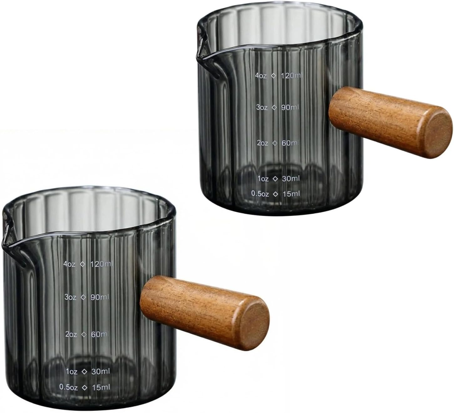 Jeiibrzui Set Mit 2 Messbechern Aus Borosilikatglas – 120 Ml – Holzgriff – Doppelte Skala Für Kaffee Und Milch