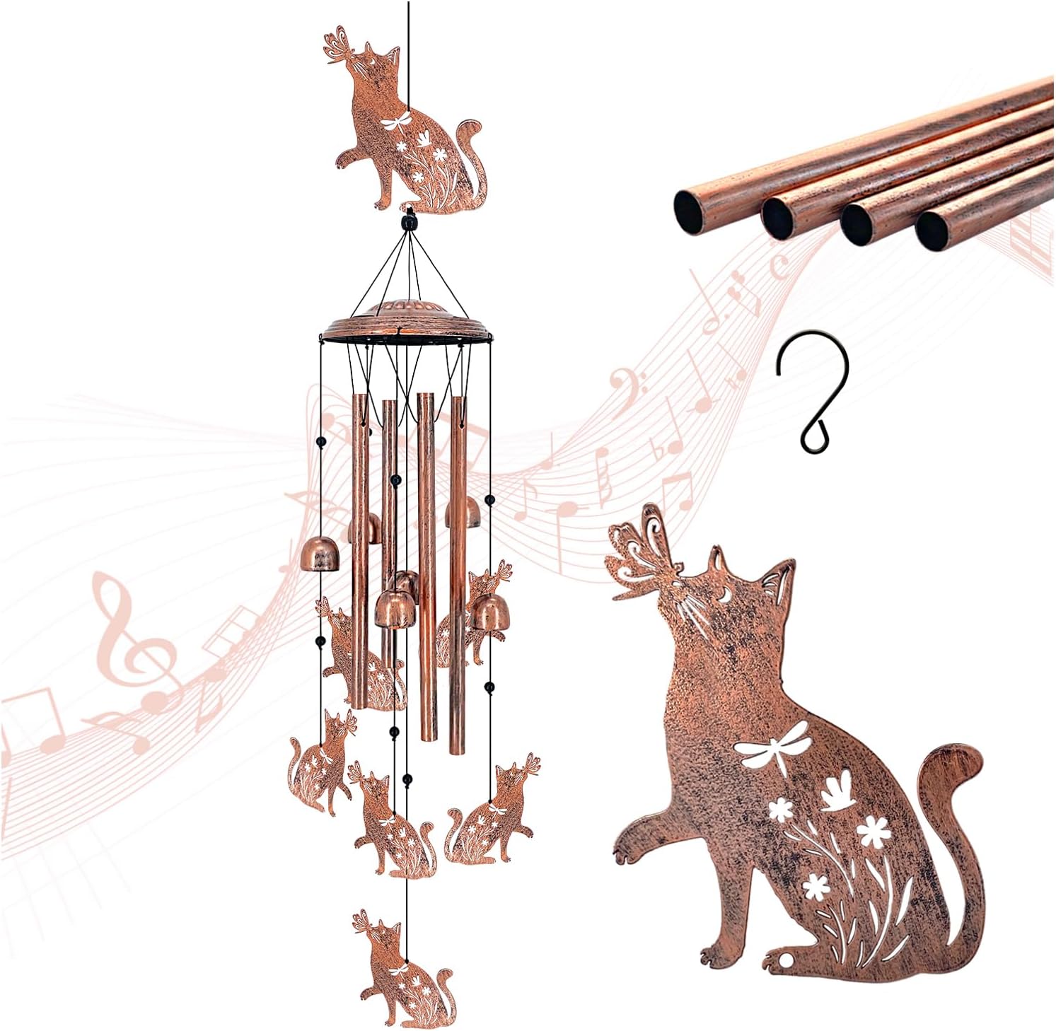 Jeiibrzui Katzen-windspiel – Handgefertigt Aus Metall – 4 Röhren Und 6 Glöckchen – Antikbronze – Dekoration Für Garten, Veranda Und Terrasse – Ideales Geschenk Für Tierliebhaber