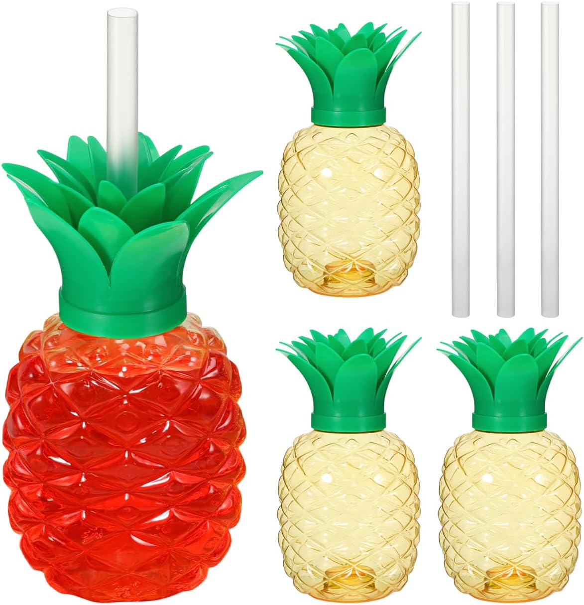 Set Aus 4 Gelben Cocktailgläsern Aus Kunststoff Mit Ananas-motiv, Deckeln Und Strohhalmen – Perfekt Für Strandpartys Im Hawaii-stil, Grillfeste Oder Gartenpartys. Ideal Für Strand, Grillabende Und Par