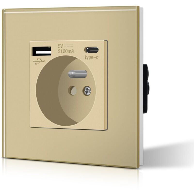 Wandsteckdose Mit Usb- Und Usb-c-anschluss – 16-a-wechselstromsteckdose – Goldfarben – Geeignet Für Smartphones Und Tablets