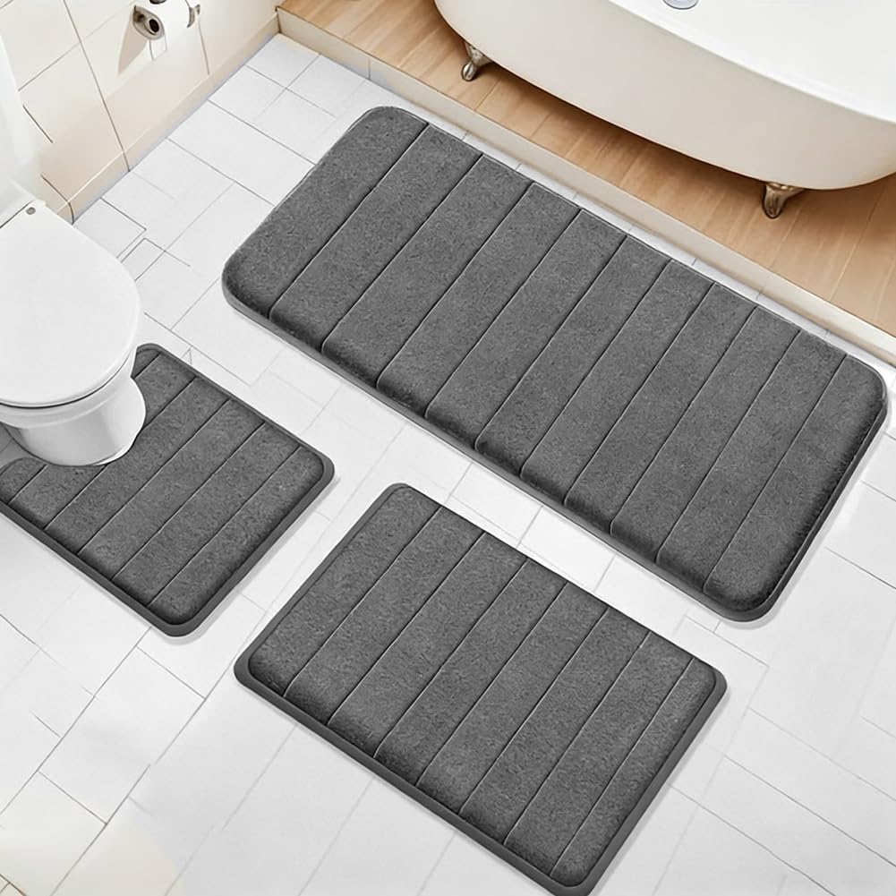 3-teiliges Badematten-set – Memory-schaum – Rutschfest Und Saugfähig – Für Dusche, Wc Und Badewanne – Graues Polyester