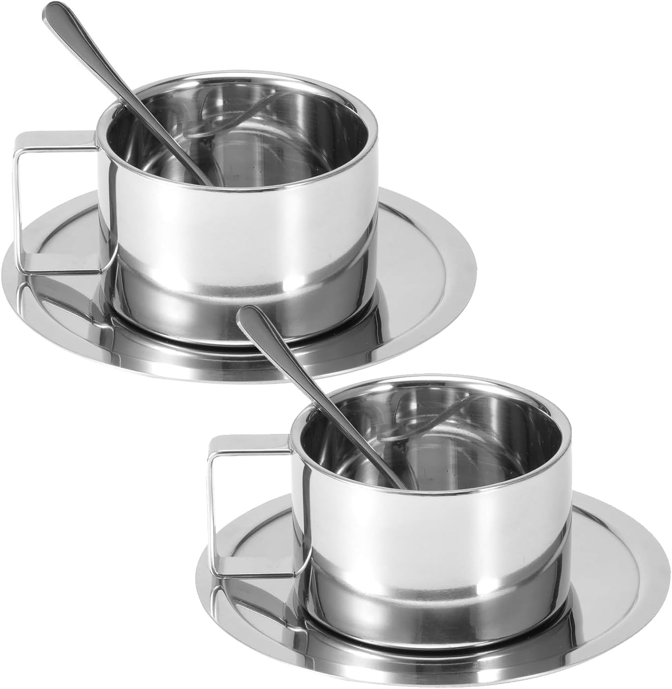 Jeiibrzui Edelstahl-kaffeetassen-set 200 Ml – Doppelwandige Espressotassen Aus Metall – 2-teilig Mit Löffel Und Untertasse – Silber