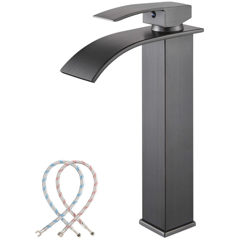 Moderne Wasserfall-waschtischarmatur, Graue Mischbatterie Mit Auslauf, 232 Mm Hoch, Quadratischer Auslauf, Warm- Und Kaltwasseranschluss, Erhältlich Mit 3/8"-g-anschluss