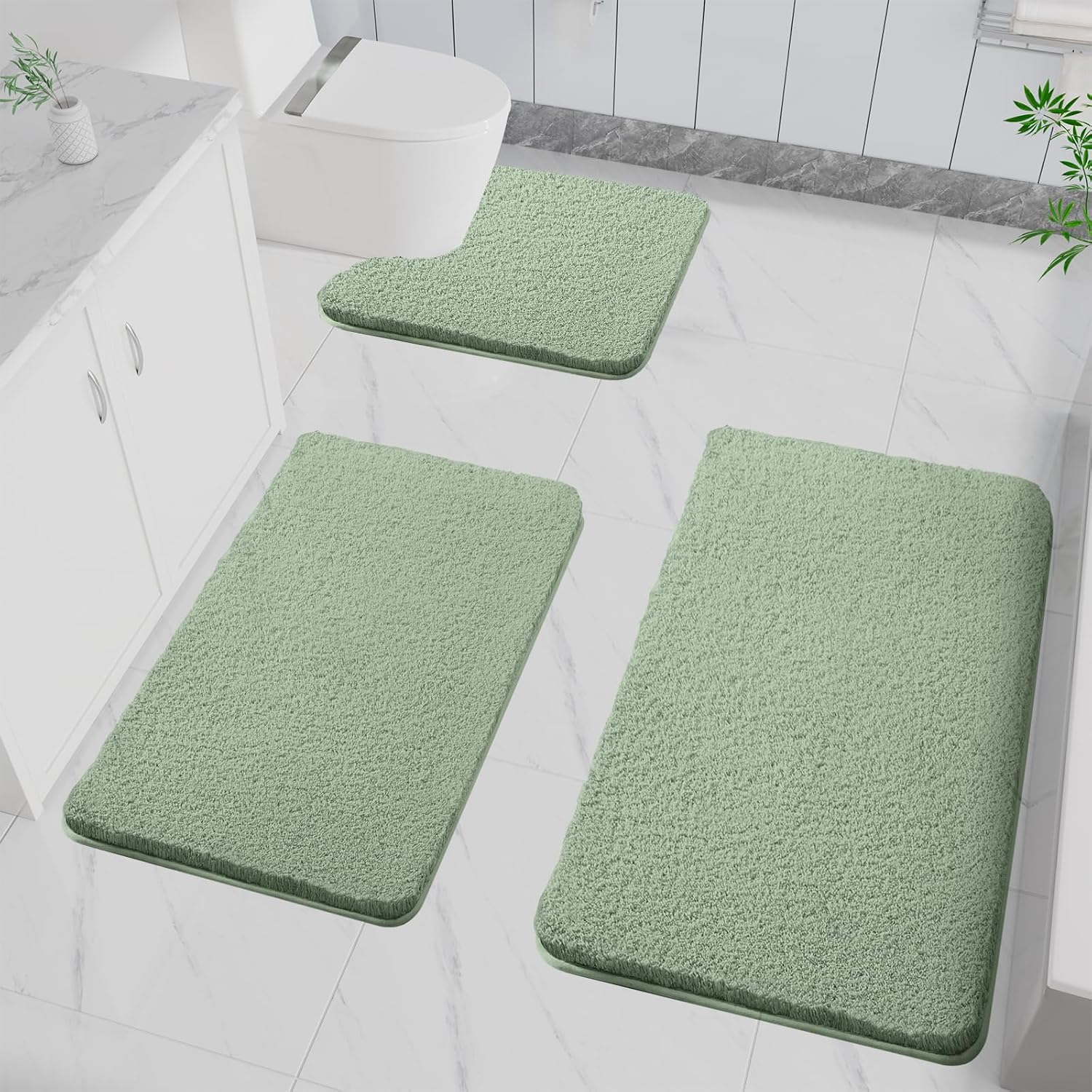 Rutschfeste Mikrofaser-badematte – 3er-set – Weich Und Saugfähig, Flauschig – Für Bad Und Küche – Grün – 40 X 60 Cm, 50 X 80 Cm, U-förmig 50 X 50 Cm