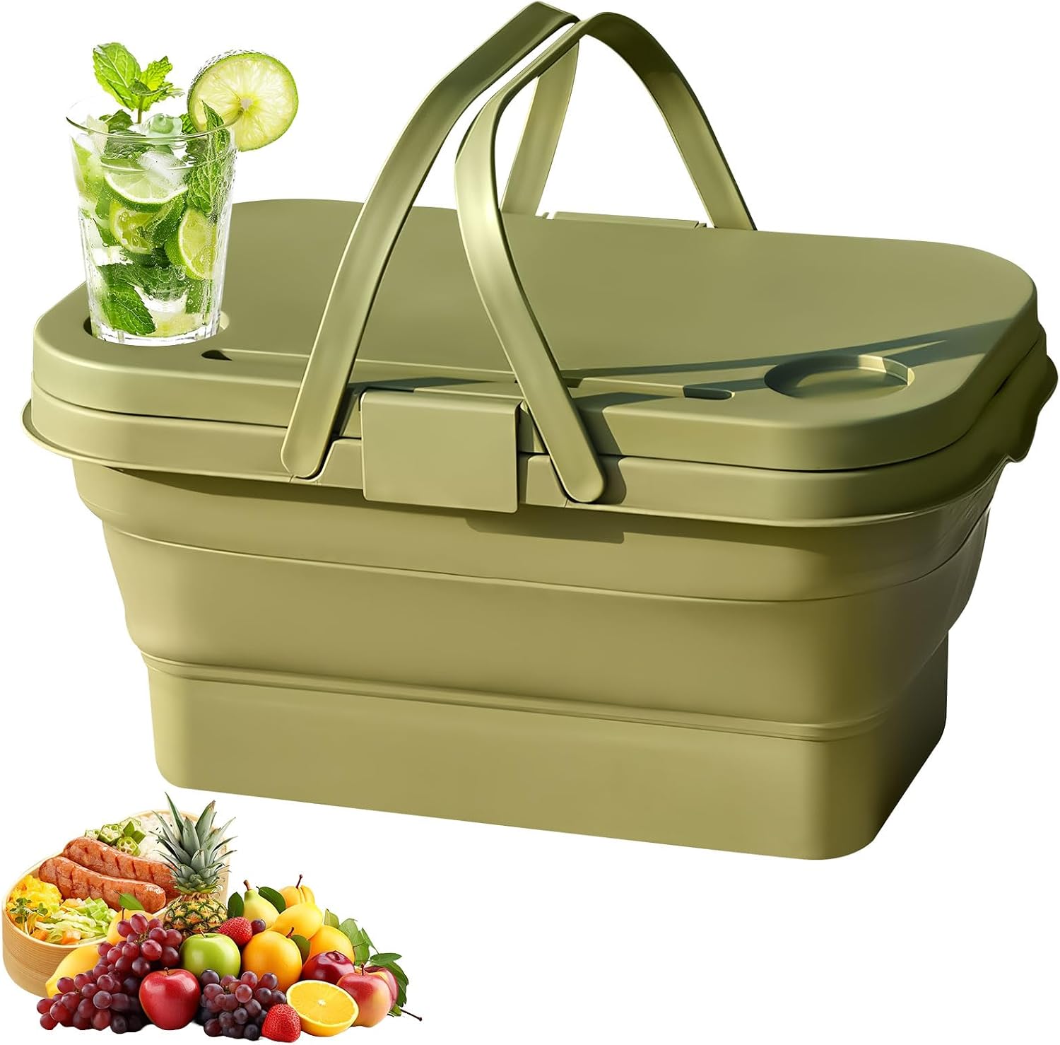 Jeiibrzui Faltbarer Einkaufskorb – 47 X 28 X 23 Cm – Einzigartiges Design – Multifunktionaler Aufbewahrungskorb (1 Stück) Für Camping, Picknicks Und Wäsche – Armeegrün