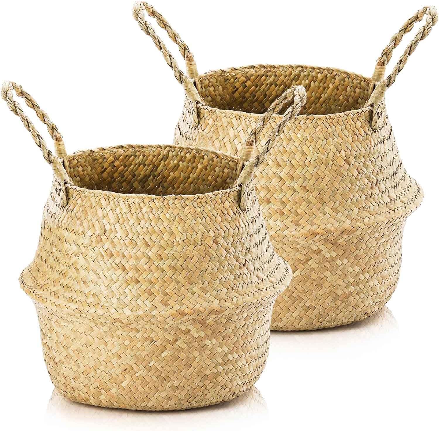 Seegras-pflanztopf – 2er-set – Naturgeflochtener Korb – Mit Griff – Faltbar – Ideal Zur Aufbewahrung Im Wohnzimmer Oder Badezimmer – Durchmesser 24 Cm Bis 45 Cm