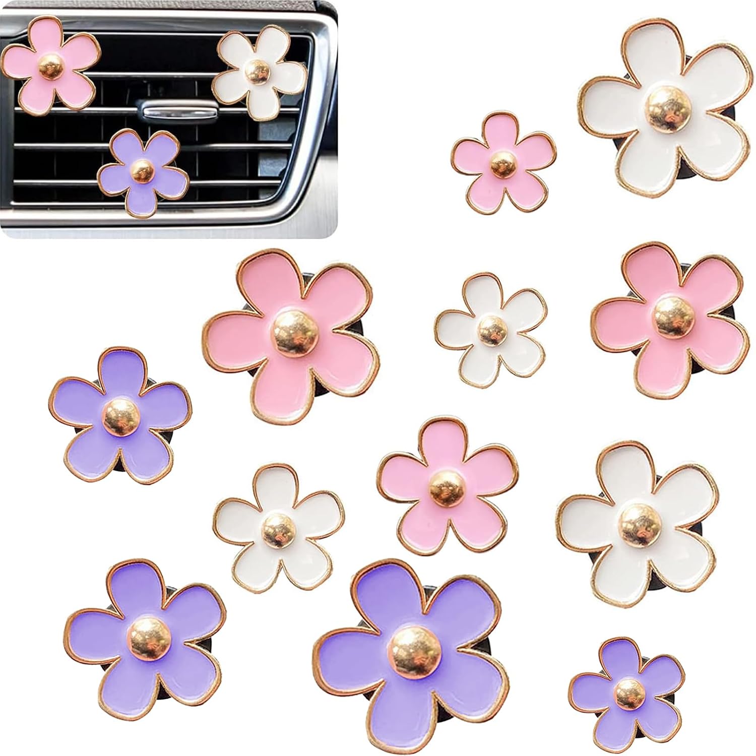 Daisy Auto-lüftungsschlitzclips – 12 Stück – Metall – Duftdiffusor – Auto-innenraum, Büro – 3 Farben