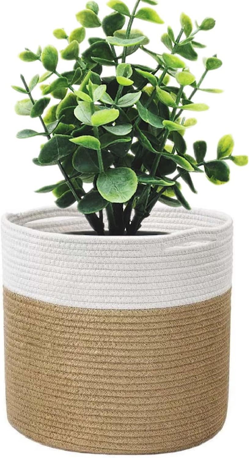 Gewebter Blumentopf – 1 Stück – Baumwolle – Nordisches Design – Aufbewahrung Für Pflanzen Und Spielzeug – 25 Cm, Gelb-weiß