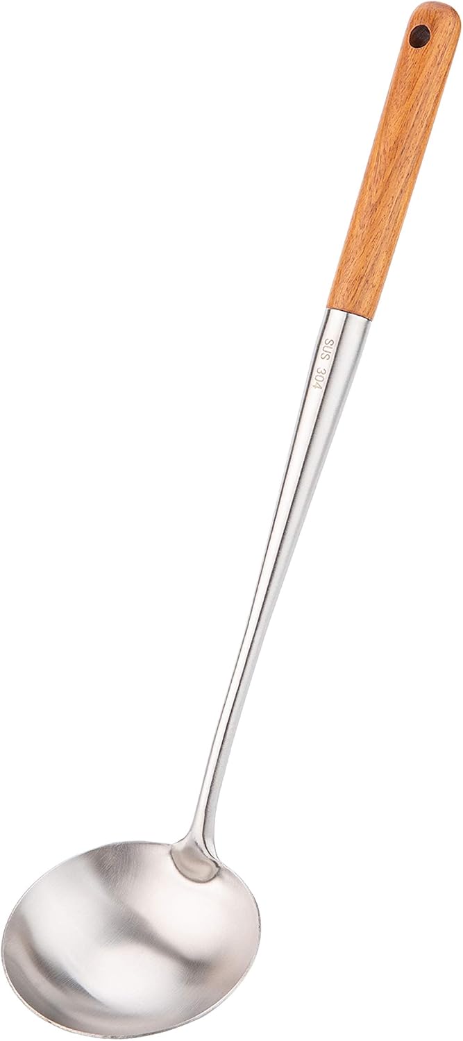 Woklöffel Aus Edelstahl 304 – 1 Stück – Birnenförmiger Holzgriff – 43,2 Cm – Asiatische Küche