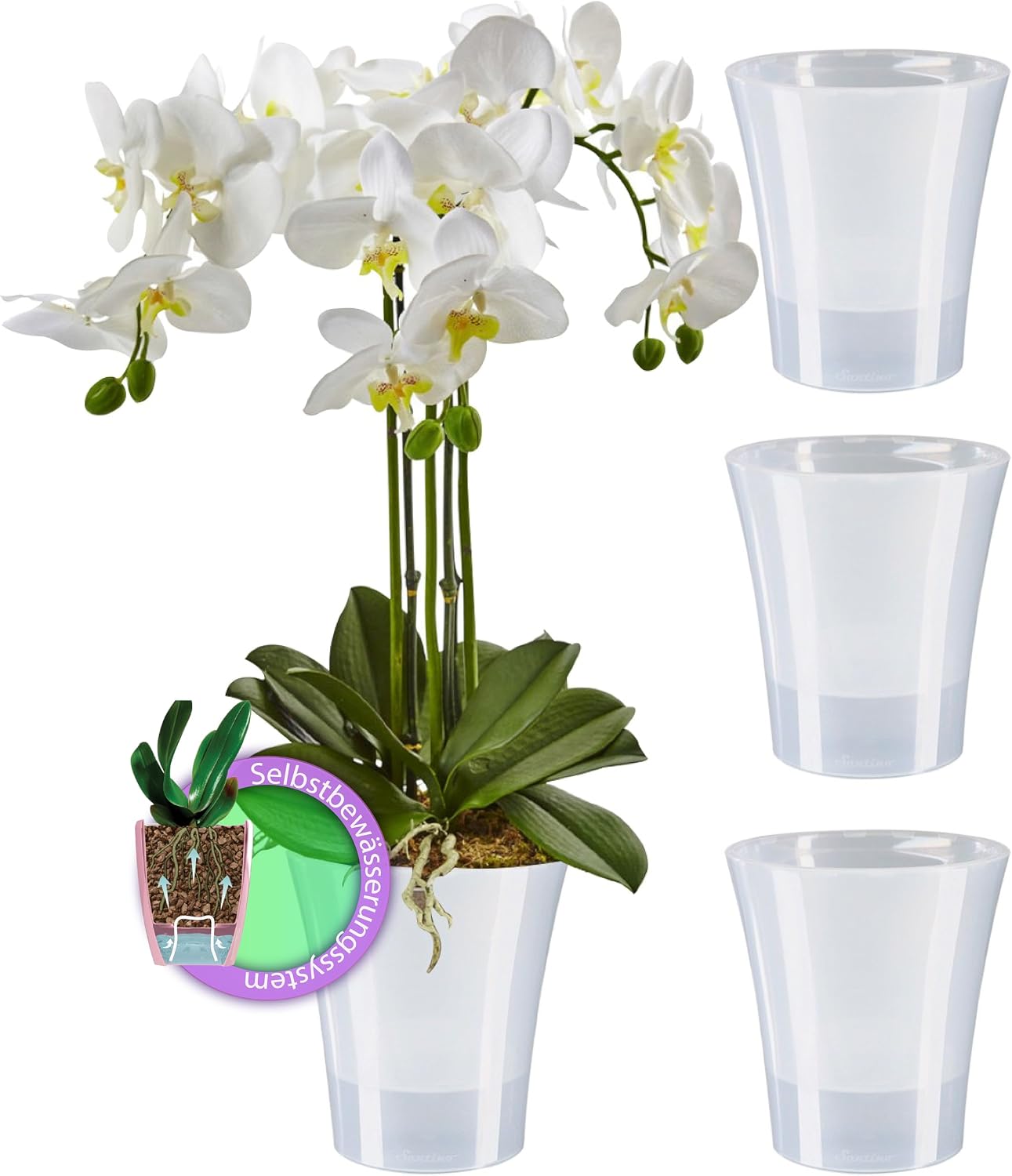 4er-set Orchideentöpfe – 2 Liter – Transparent – Automatische Bewässerung – Für Drinnen Und Draußen – 17 X 14,5 Cm