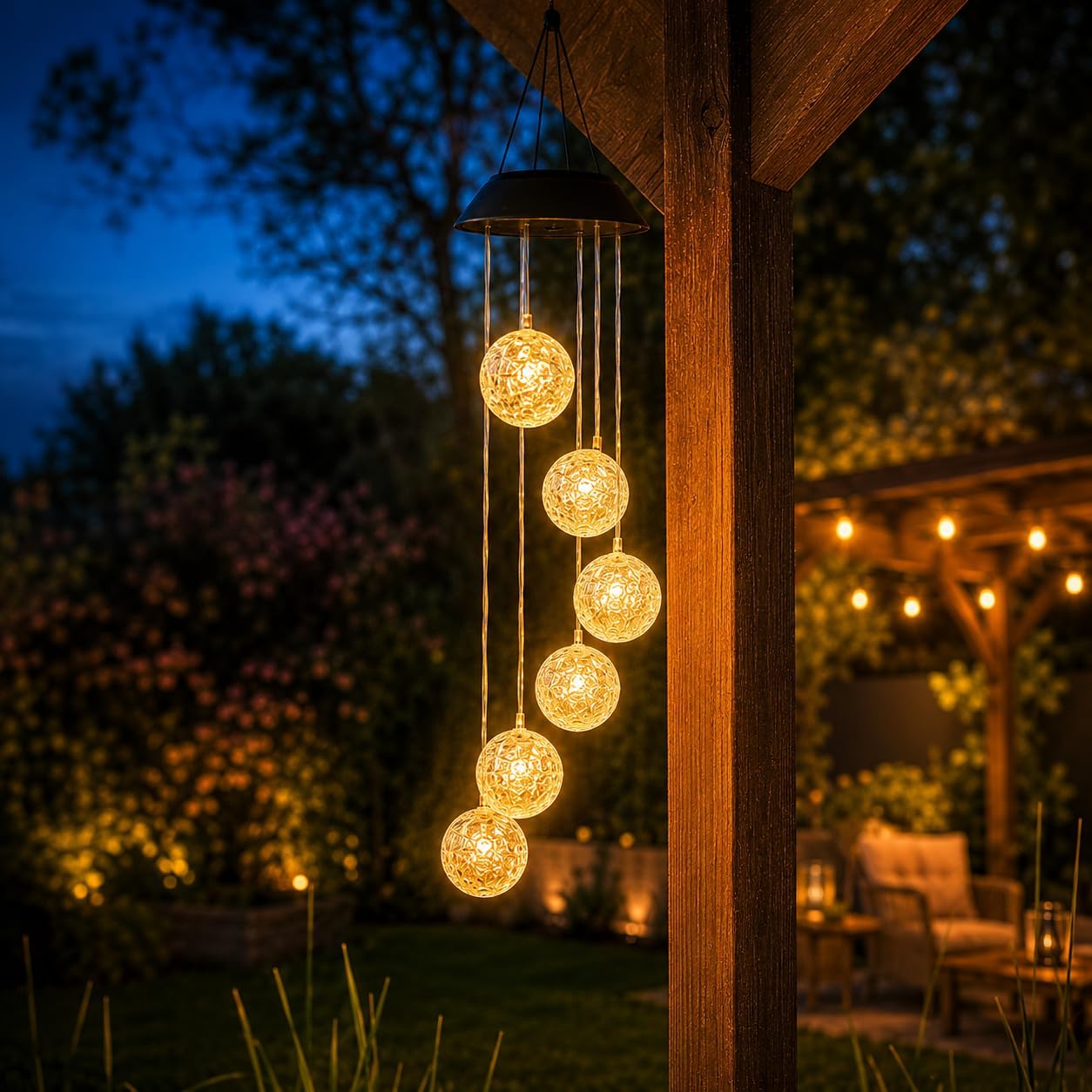 Jeiibrzui Solar-windspiel Für Den Außenbereich – 73 Cm Hängelampe Mit 6 Warmweißen Led-kugeln – Kabellose Gartenbeleuchtung Für Terrasse, Balkon Und Einfahrt – Wasserdicht Gemäß Ip44