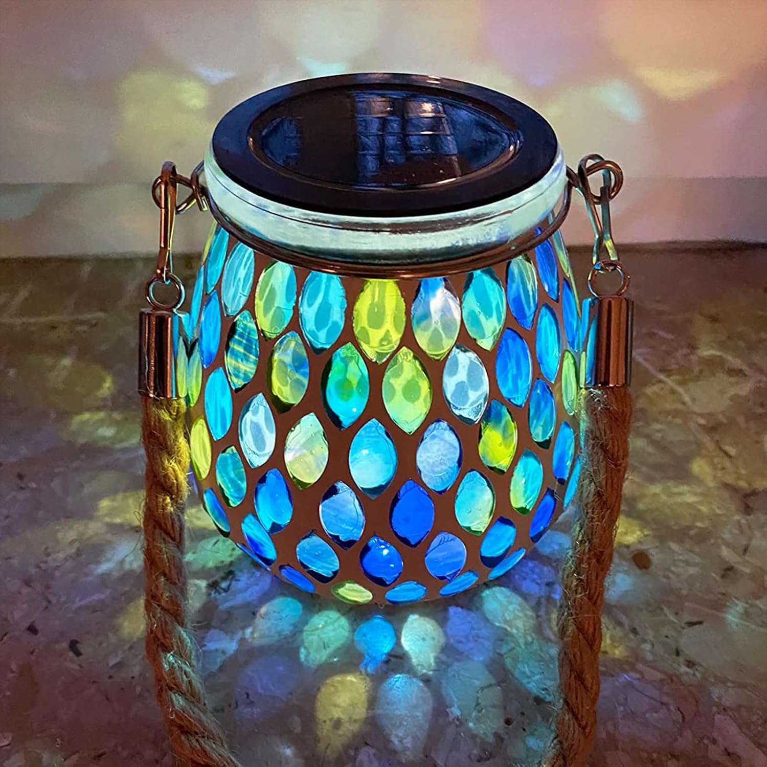 Jeiibrzui Ovale Mosaik-solarleuchte – Glaspendelleuchte Für Den Außenbereich – Ip65 Wasserdicht – Blaues Mosaikmuster – Ideal Für Terrasse, Einfahrt Oder Teich
