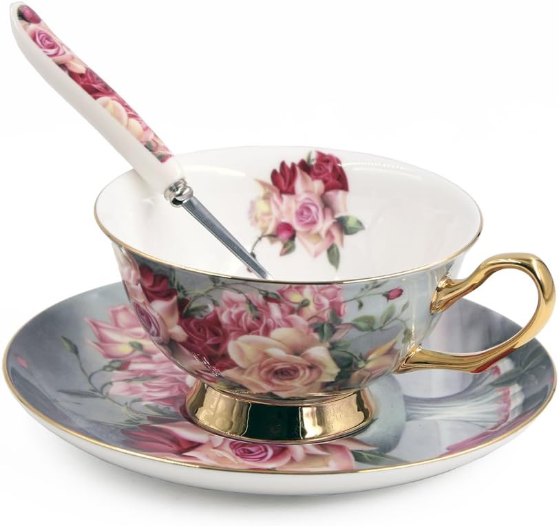 Jeiibrzui Tee- Und Kaffeetasse Mit Untertasse Und Löffel – 200 Ml – Tee-/kaffee-set (1-teilig) – Muster: Rote Rose