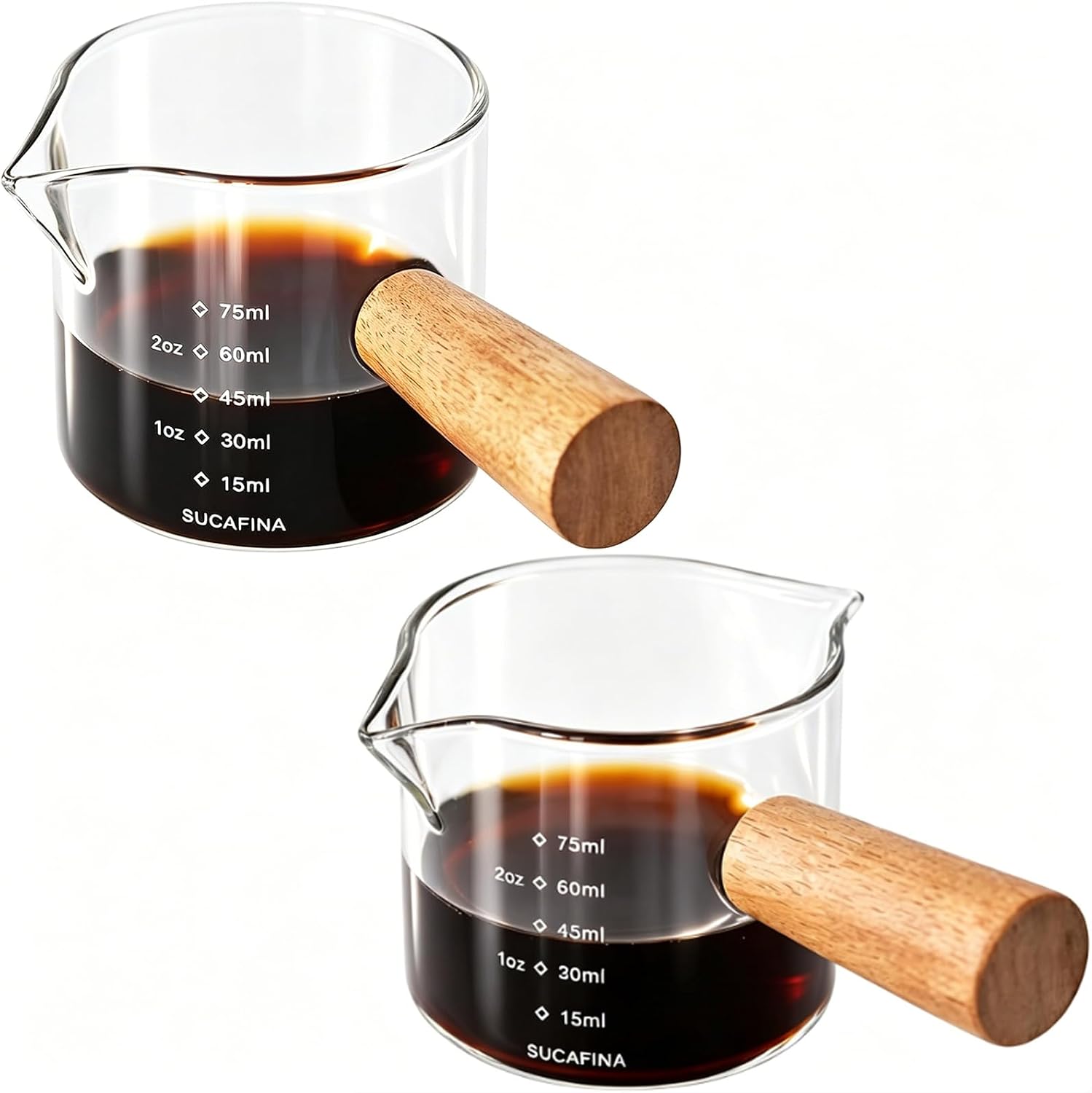 Jeiibrzui Kaffeetasse – Espresso Trifft Kunst – 2-teiliges Set Mit Holzgriff – 1 Kanne Mit Einem Ausguss Und 1 Kanne Mit Zwei Ausgüssen – Hitzebeständiges Glas Für Präzise Kaffeezubereitung Zu Hause U