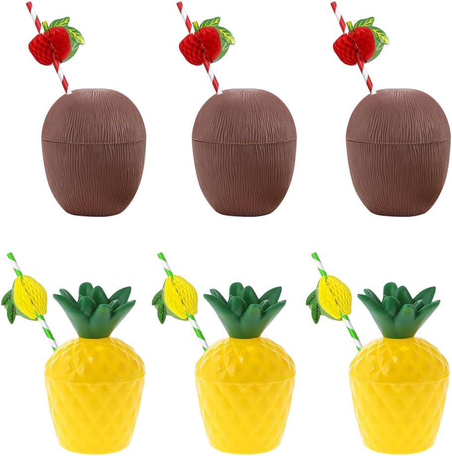 Jeiibrzui Hawaiianisches Party-set (luau) – 6 Tropische Becher In Kokosnuss- Und Ananasform – Wiederverwendbarer Kunststoff – Ideal Für Strandpartys, Sommerfeste Oder Gartenpartys
