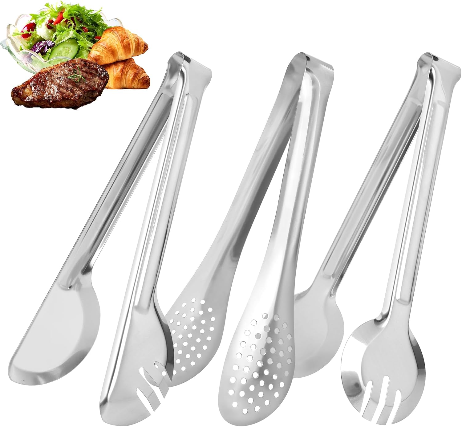 Jeiibrzui Küchenzangen-set Aus Edelstahl, 3-teilig, 24 Cm, 3-teilige Servierzange Mit Lochmuster, Silberfarben, Für Buffets Und Grills