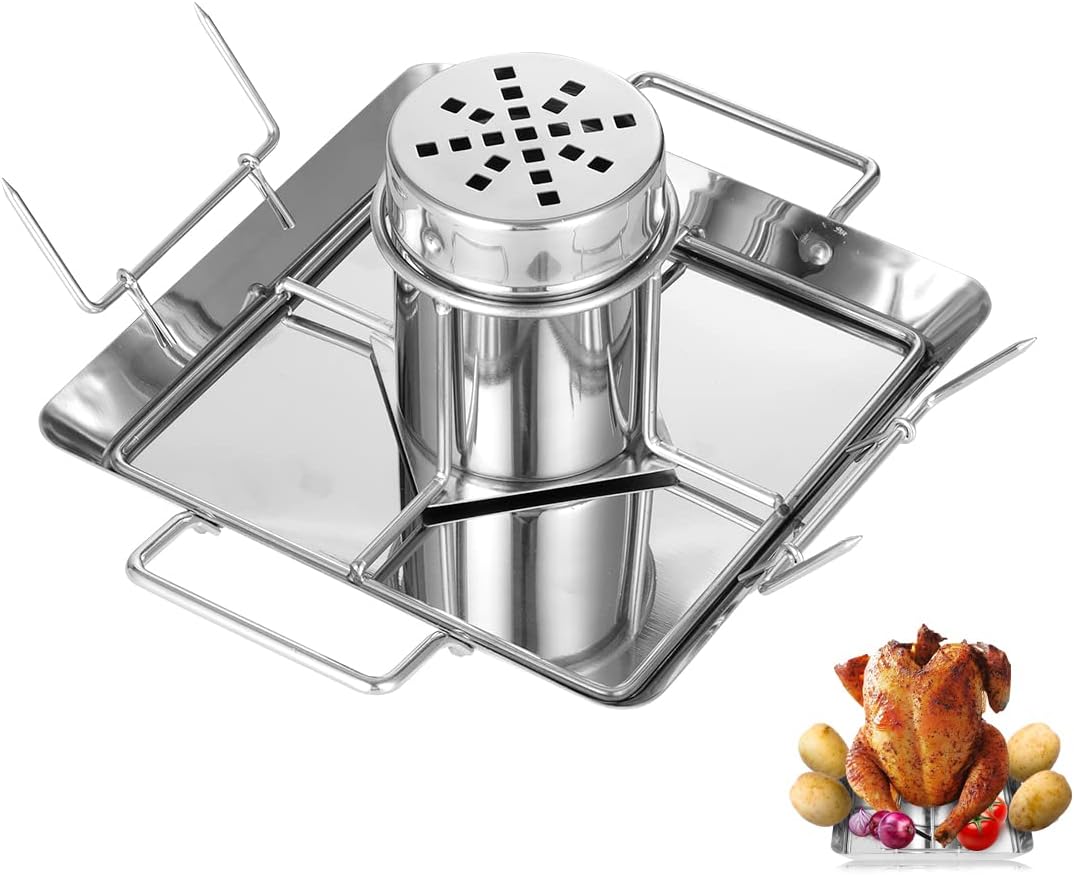 Jeiibrzui Grillzubehör – Hähnchenspieß Aus Edelstahl Mit Dosenhalter – Inklusive 4 Gemüsespießen – Für Grill Und Backofen – Silber