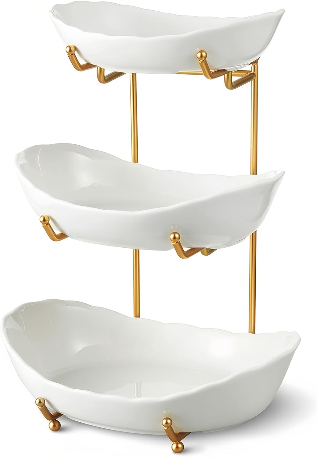 Jeiibrzui 3-stöckige Keramik-obstschale - 26,7 X 19,1 X 36,8 Cm - 3 Fächer + Goldener Metallständer - Ideal Für Arbeitsplatten, Desserts Und Snacks