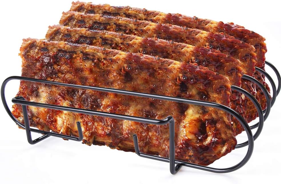 Jeiibrzui Rippchenhalter Aus Edelstahl Für 4 Schweinerippchen – 29 X 26 X 7,5 Cm – Geeignet Für Gas- Und Holzkohlegrills – Langlebig Und Spülmaschinenfest