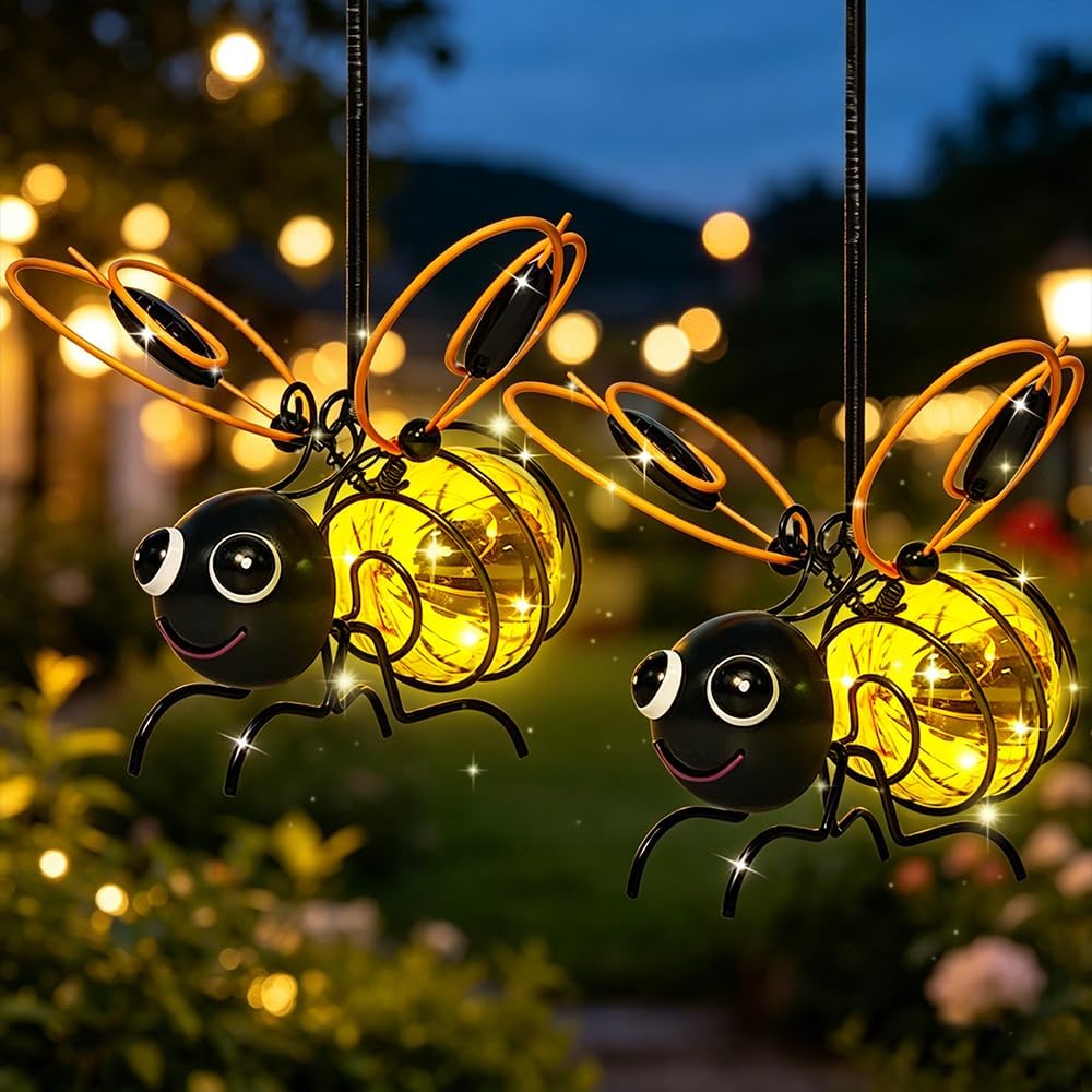 Jeiibrzui Solar-hängeleuchten In Bienenform Für Den Außenbereich – 2er-set – Gartendekoration Mit Federmechanismus – Ip44 Wasserdicht – Für Balkon, Rasen Und Terrasse