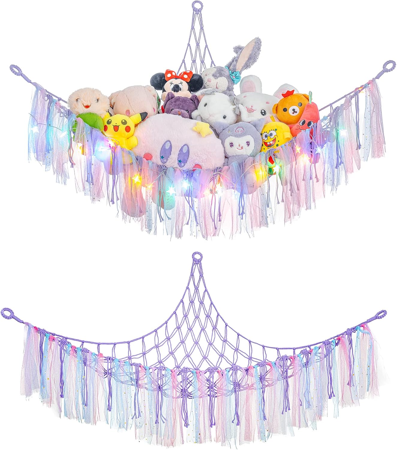 Jeiibrzui Hängeteppich Für Kuscheltiere – 140 Cm – Mit Led-beleuchtung Und Pompons – Baumwoll-makramee-netz Für Kuscheltiere – Boho-stil Fürs Kinderzimmer – Inklusive Aufhängevorrichtung