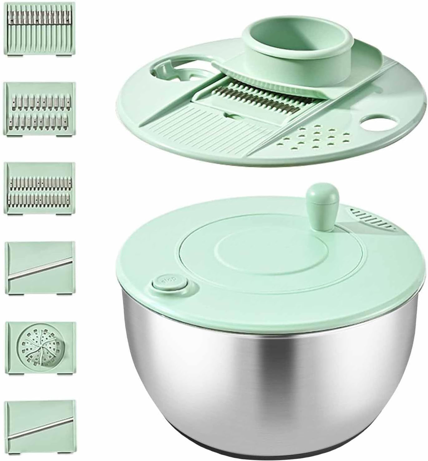 Jeiibrzui 3-in-1 Salatschüssel Aus Edelstahl, 5 L, Mit 6 Klingen – Gemüseschneider Und Trockner – Silber