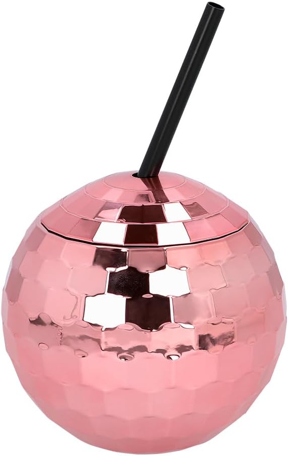 Jeiibrzui Discokugel-becher Mit Strohhalm - 600 Ml - Wiederverwendbares Glas Mit Deckel - Roségold - Ideal Für Gartenpartys Und Mottopartys