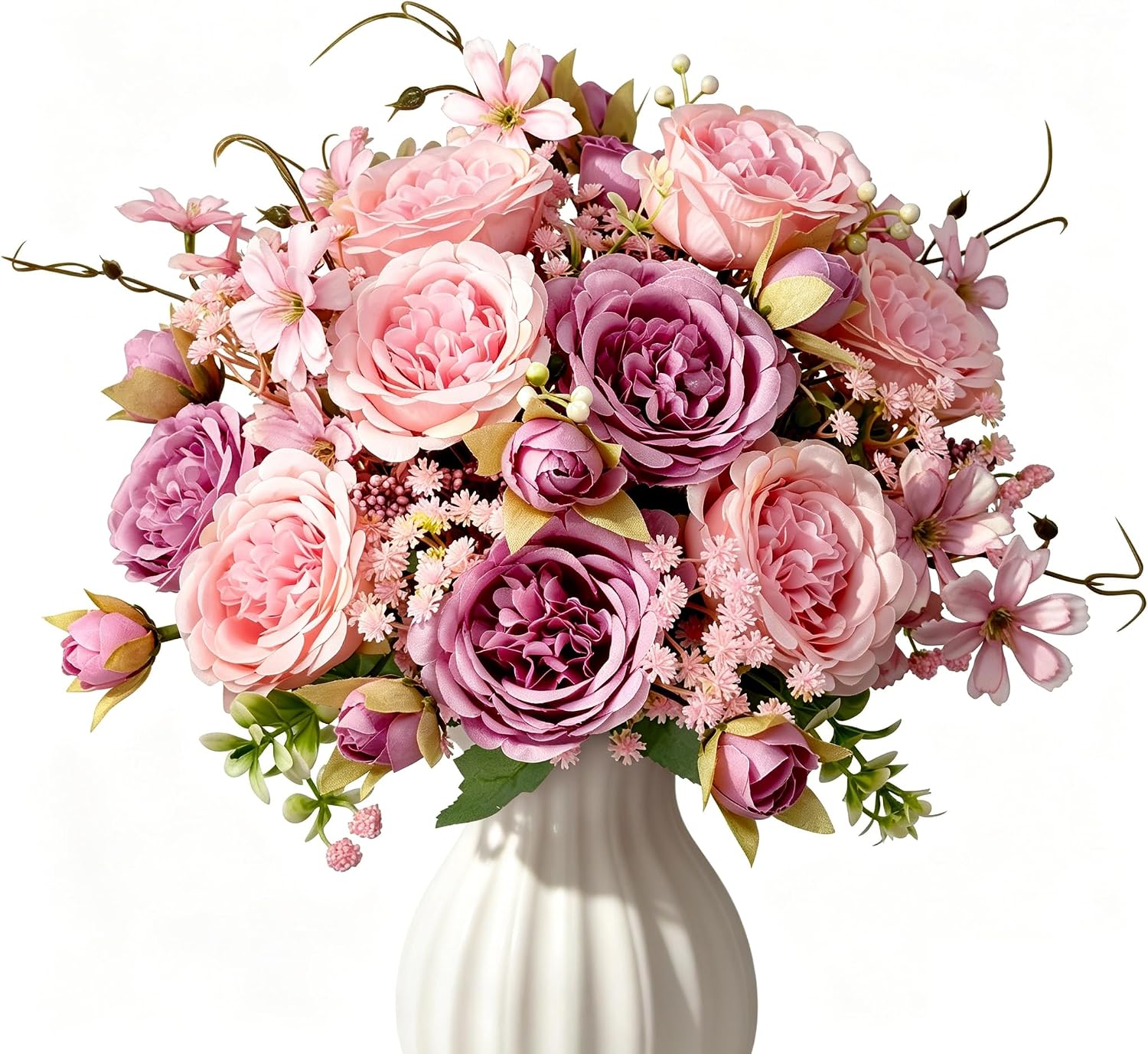 Jeiibrzui Kunstblumenstrauß – 33 Cm – 13-teilig – Rosen Und Flieder – Seidenblumen Mit Schleierkraut Für Hochzeits- Und Wohnzimmerdekoration