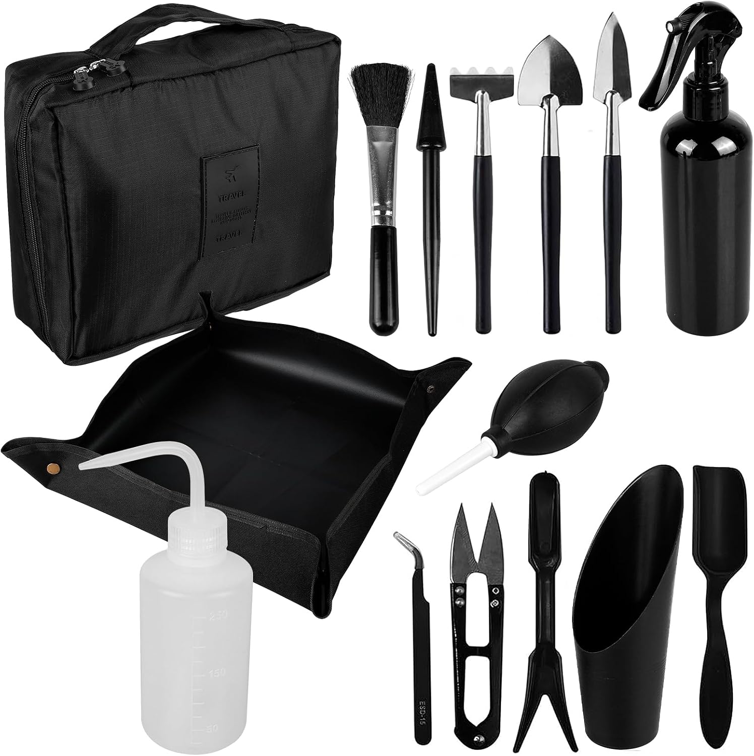 13-teiliges Gartenwerkzeug-set – Metall Und Kunststoff – Mit Faltmatte Und Tasche – Für Bonsai Und Umtopfen – Schwarz
