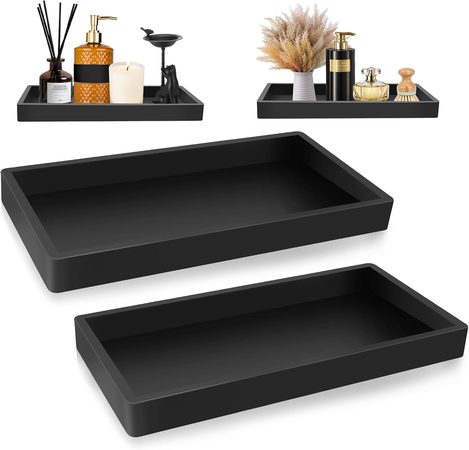 Ablage Fürs Badezimmer – 2-teilig – Schwarzes Silikon – Rutschfest – Für Waschtisch Und Waschbecken – 20 X 10 Cm