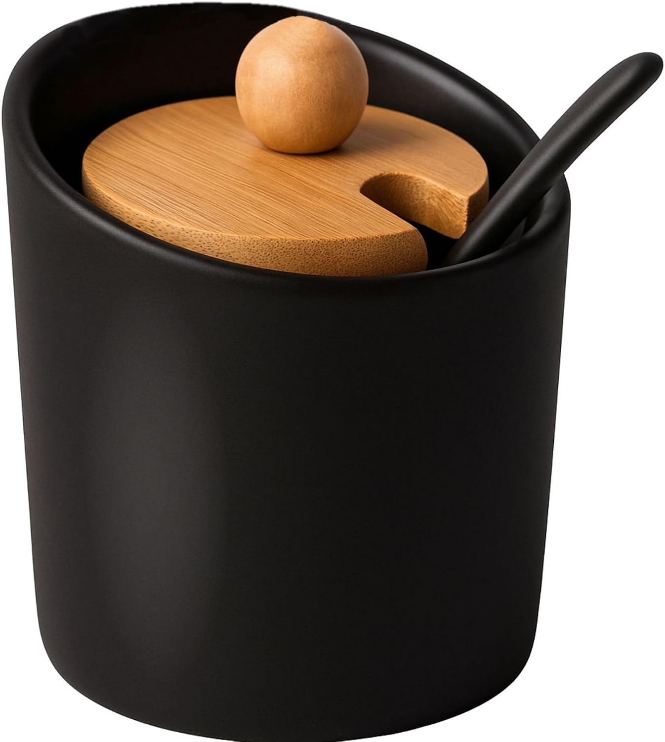 Jeiibrzui Kleine Schwarze Zuckerdose Mit Löffel – Keramik Und Bambus – Kompakte Aufbewahrungsbox Mit Deckel – Elegantes Küchenaccessoire Für Kaffee Und Tee – Schwarz