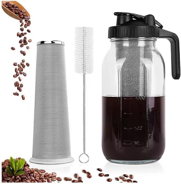 Jeiibrzui Cold Brew Series Glas-kaffeemaschine – 2 Liter – Luftdichter Deckel Mit Filter Und Reinigungsbürste – Schwarz – Ideal Für Eiskaffee, Tee, Mit Früchten Aromatisiertes Wasser, Zu Hause Oder Im