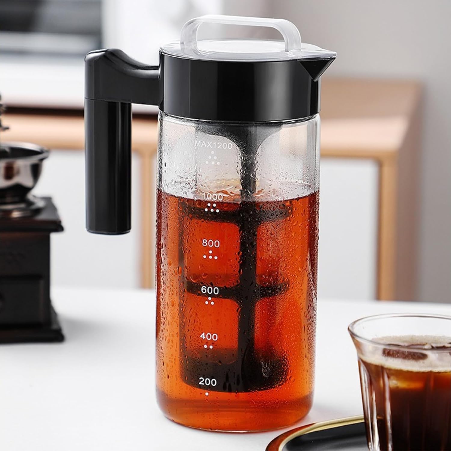 Jeiibrzui Cold Brew Kaffeemaschine – 1200 Ml – Premium-serie – 1-teilig Mit Feinfilter Und Rutschfestem Griff – Schwarz
