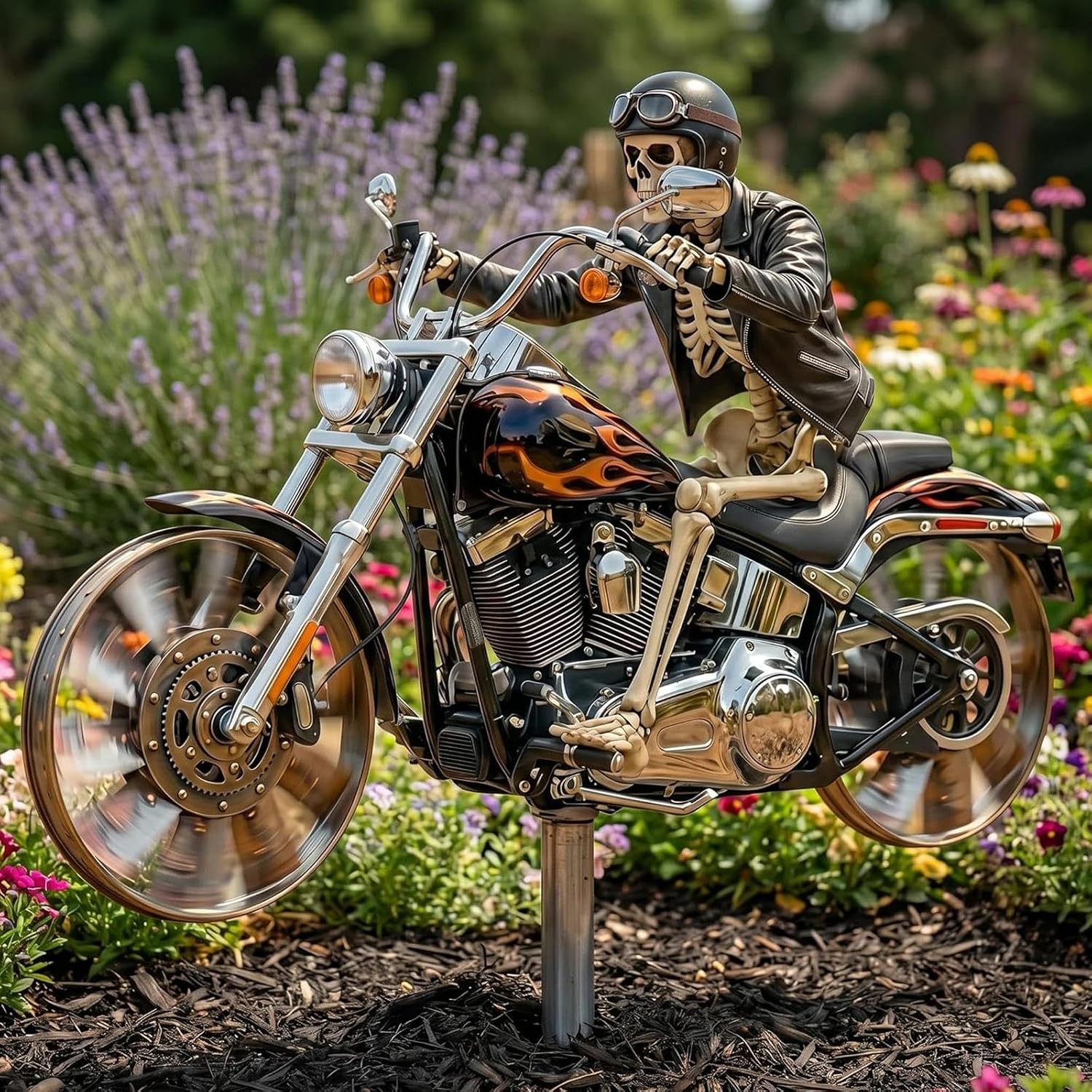 Jeiibrzui Skeleton Rider – 85 Cm – Windfahne (1 Stück) – Schwarz – Einzigartige Motorraddekoration Aus Metall Für Garten Und Terrasse – Wetterfestes Kunstwerk Mit Drehbaren Rädern – Ideales Geschenk F
