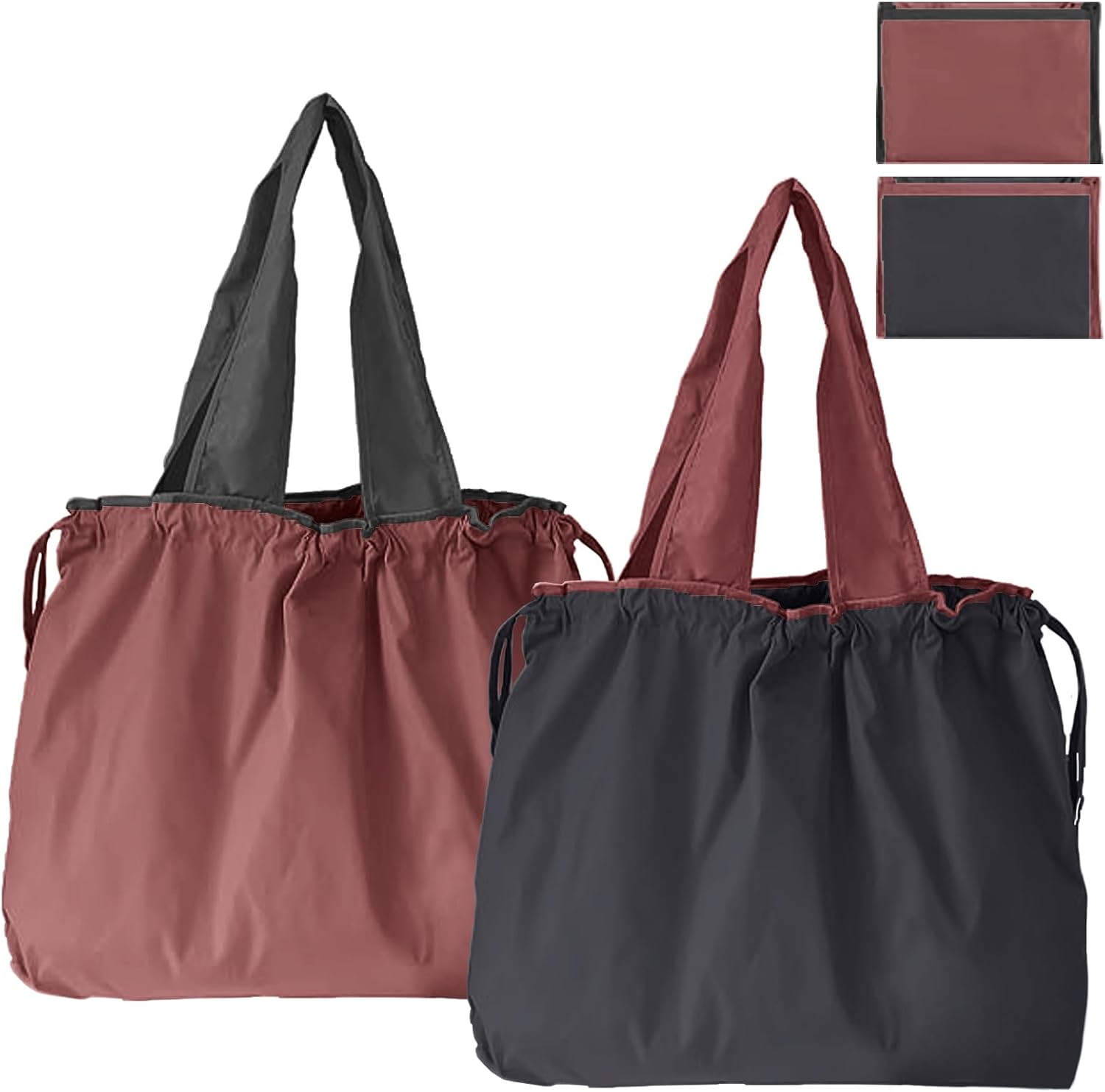Jeiibrzui Faltbare Einkaufstasche – Groß (52 X 42 Cm) – 1 Stück – Kordelzugverschluss – Schwarzes Nylon – Ideal Zum Einkaufen, Reisen Und Campen