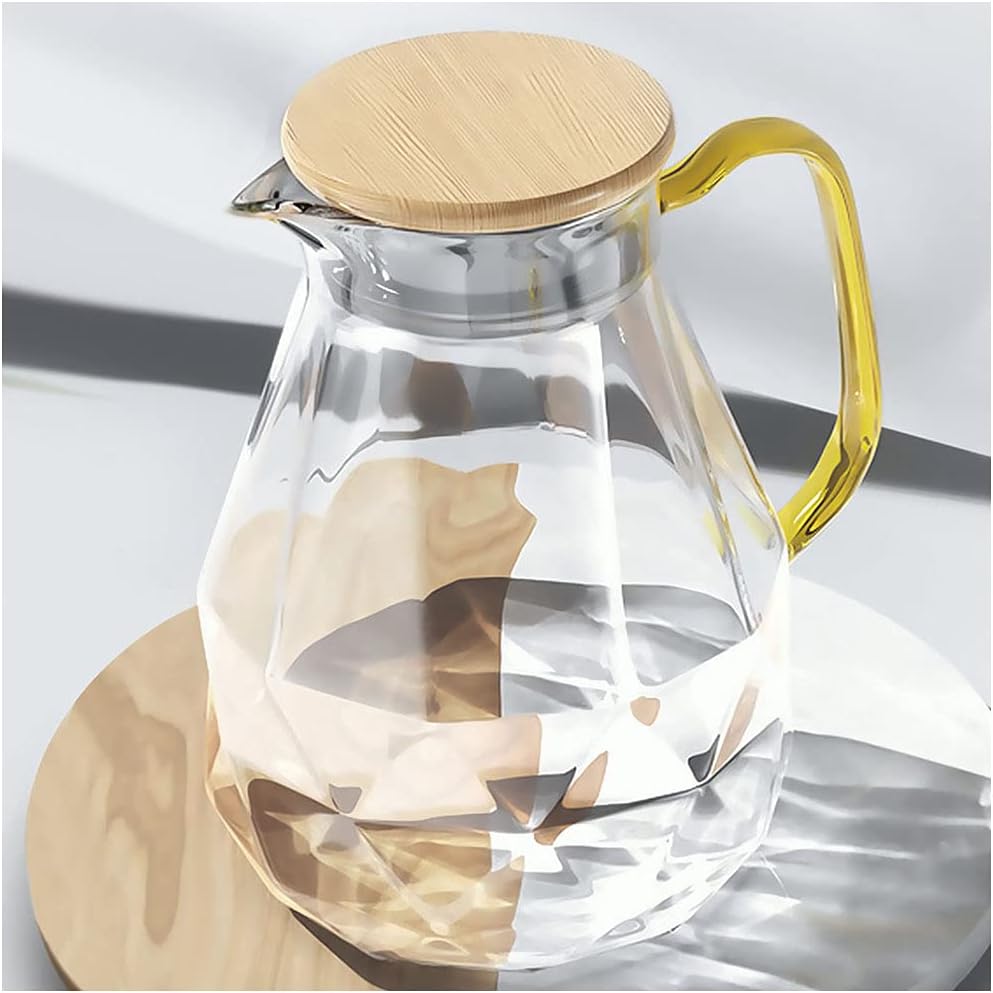 2-liter-glaskaraffe – Diamantmuster – Holzdeckel – Heiß- Und Kaltbeständig – Für Wasser, Tee Und Kaffee – Transparent