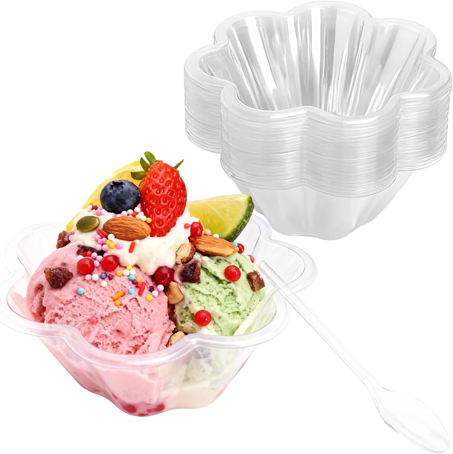 Jeiibrzui Set Mit 50 Dessertbechern Aus Kunststoff Mit Löffeln – Transparentes Blumenmuster – Wiederverwendbar Für Partys Und Hochzeiten – Stapelbar – Ideal Für Eiscreme, Snacks Und Salate