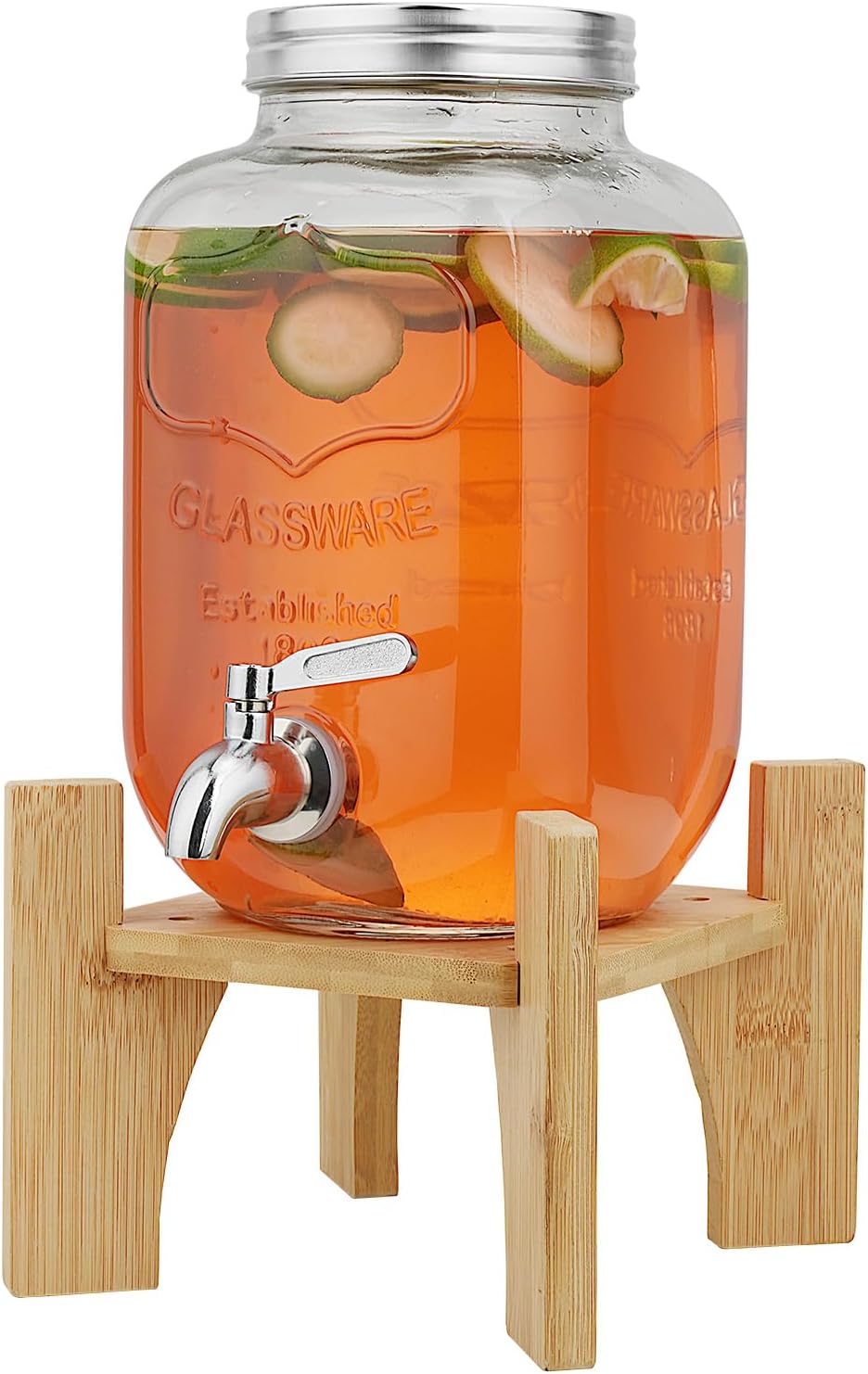 Jeiibrzui Glas-getränkespender Mit Bambusständer – 4 Liter – Edelstahlhahn – Klarglas Für Partys, Buffets Und Den Täglichen Gebrauch