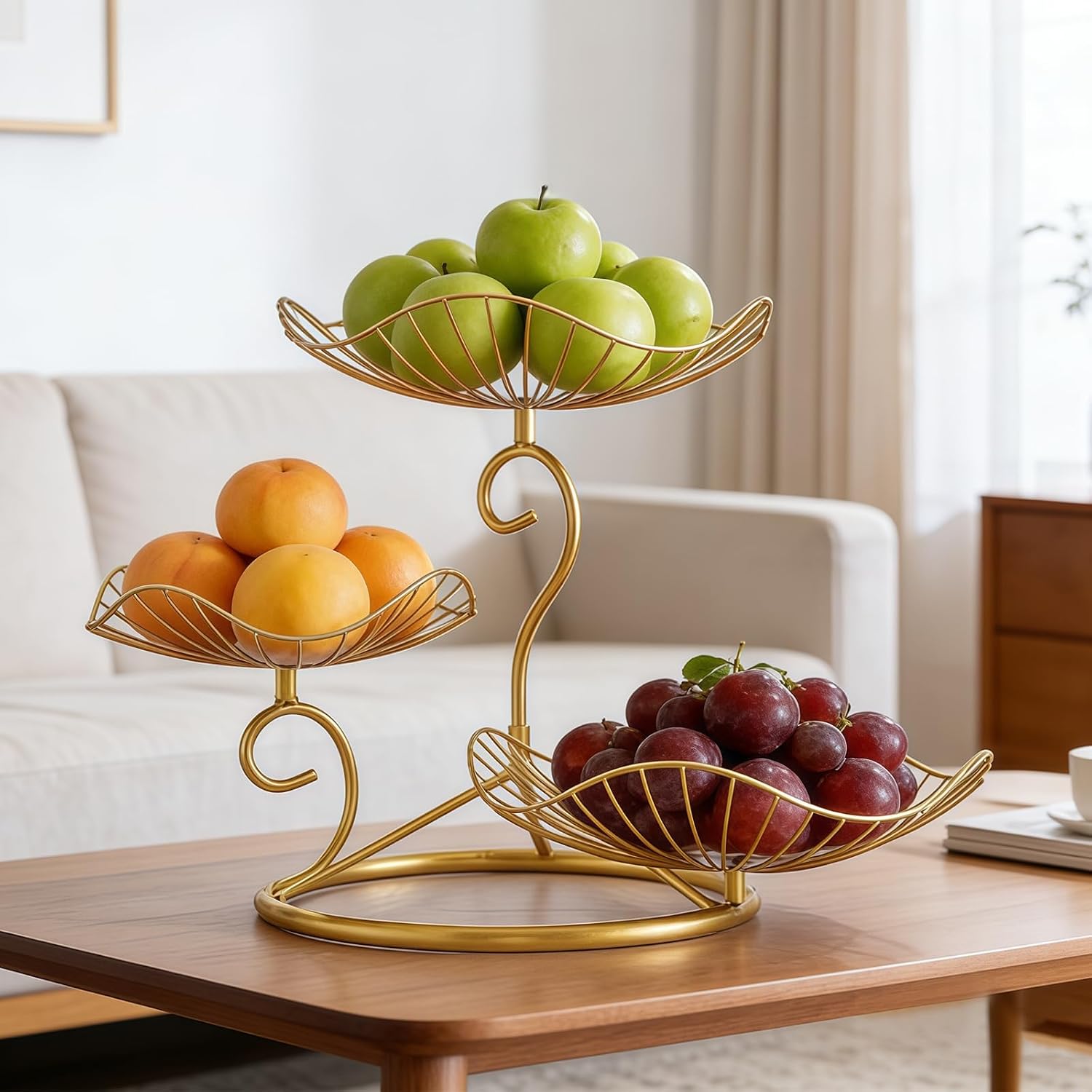 Jeiibrzui 3-stöckiger Obstkorb – 25 Cm – 3 Ablageebenen – Gold – Küchenorganizer Aus Massivem Eisen Für Obst, Gemüse, Brot Und Snacks – Modernes Metallregal Mit Belüfteter Metallstruktur Für Die Arbei