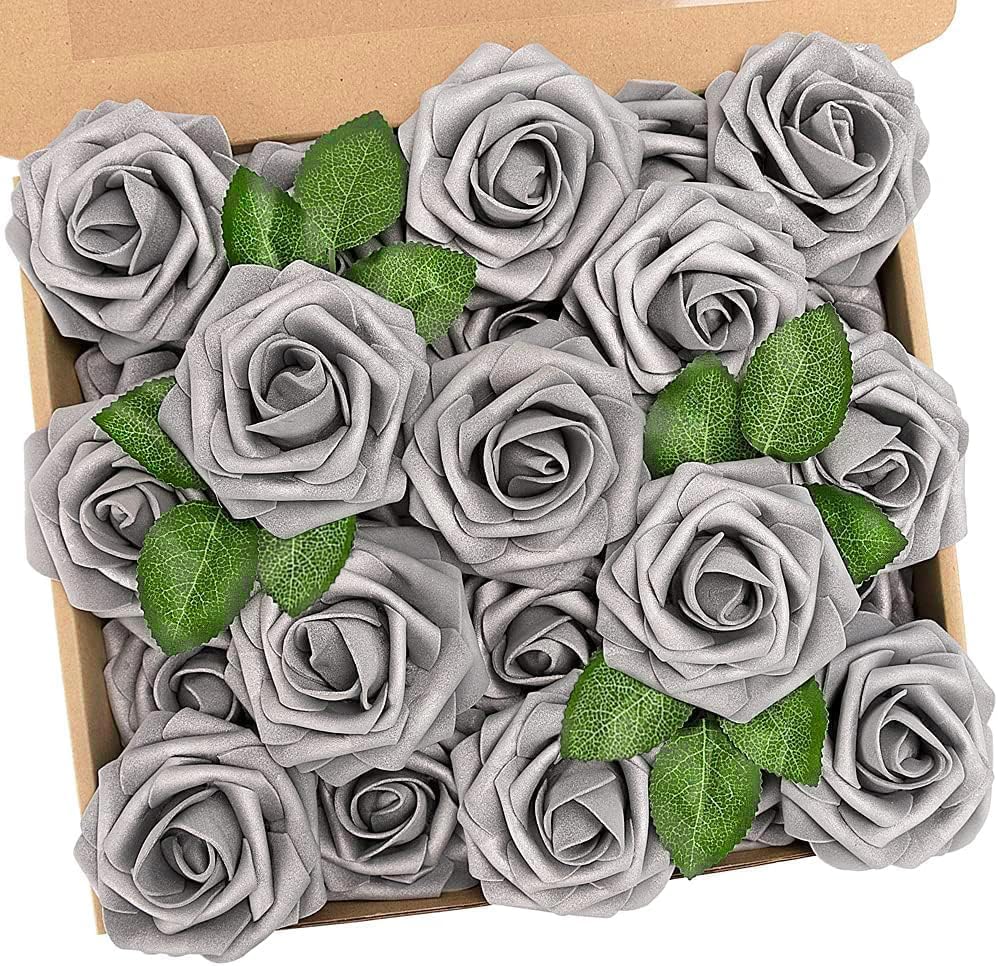 Jeiibrzui Künstliche Rosen - 25 Schaumstoffrosen Mit Stielen - Silberfarben Für Brautsträuße, Hochzeiten Und Partydekorationen